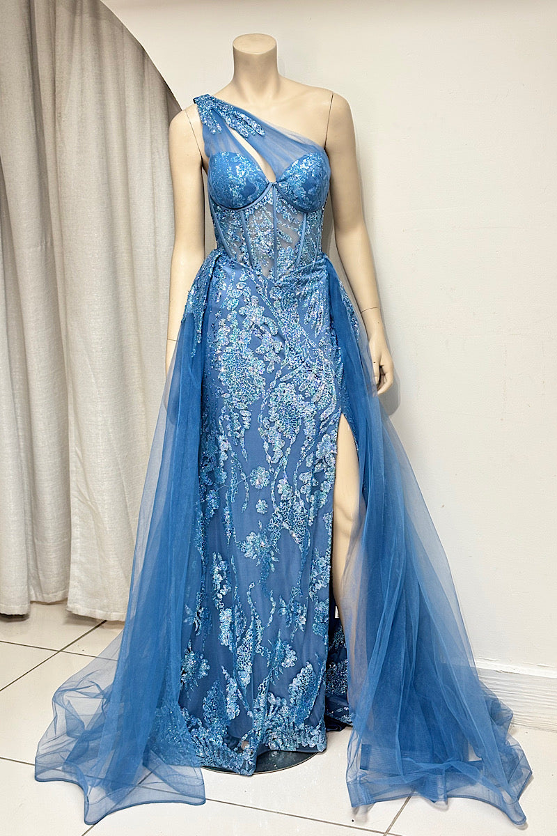 One-Shoulder Overlay Sequin Formal