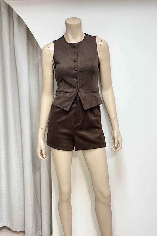 Faux Suede Vest Short Pant Set