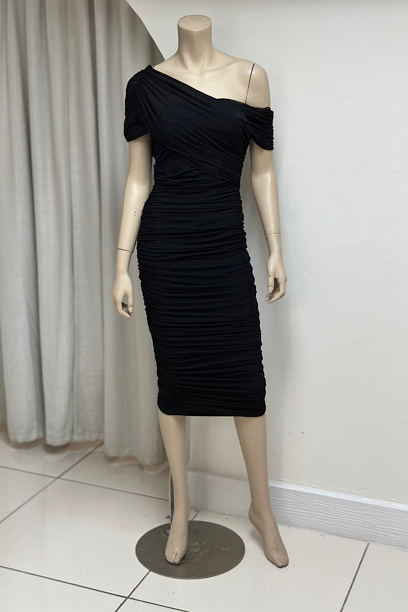 Off One-Shoulder Ruched Sash Dress