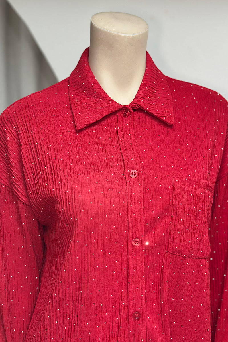 Rhinestone Plisse Button Down Set