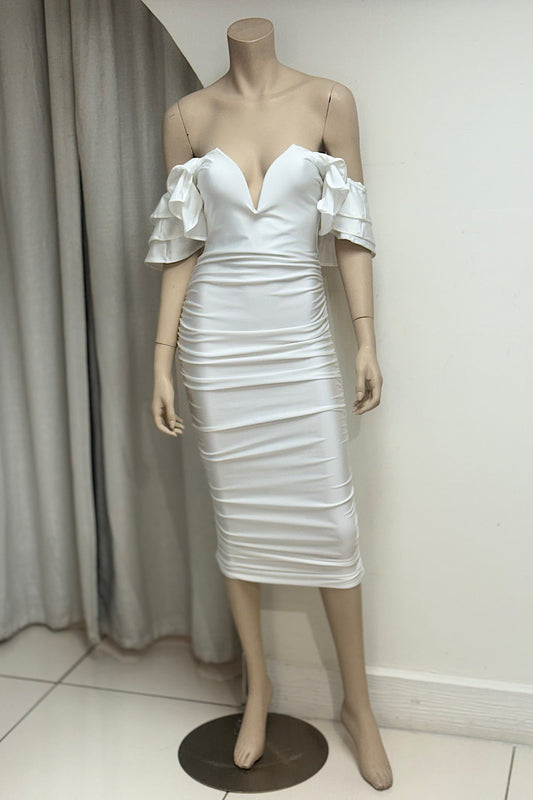 Off Shoulder V-Cut Wire Stretch Midi Dress