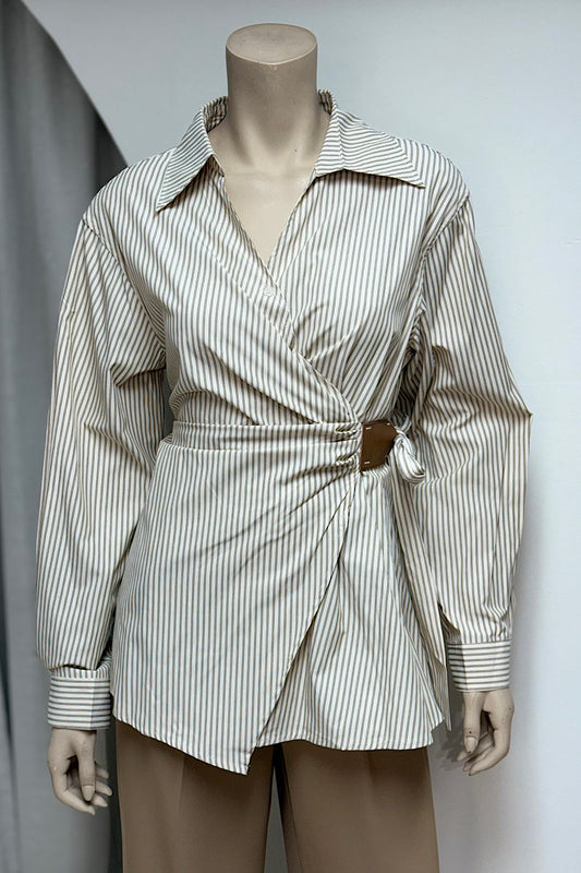 Pin Stripe Collared Tie-Waist Top