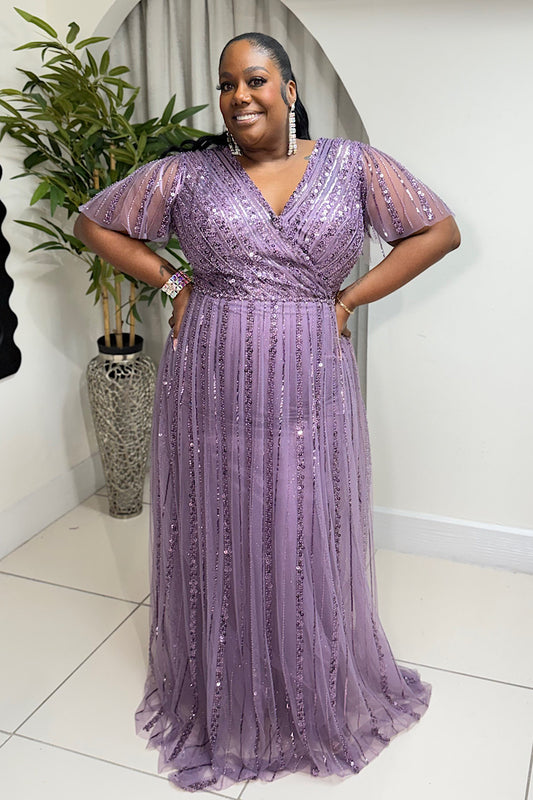 Beaded V-Neck Petal Sleeve Formal