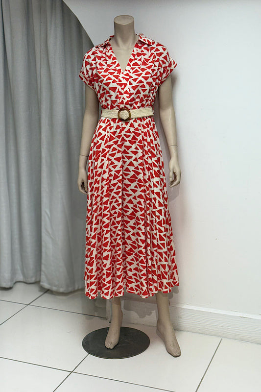 Belted V-Neck Patterned Flowy Dress