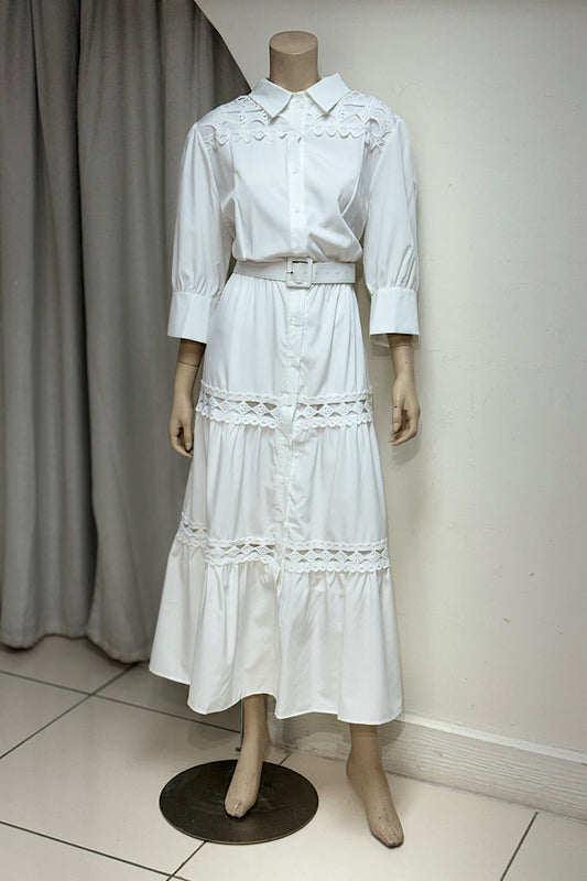 Lace Embroidered Belted Maxi Dress