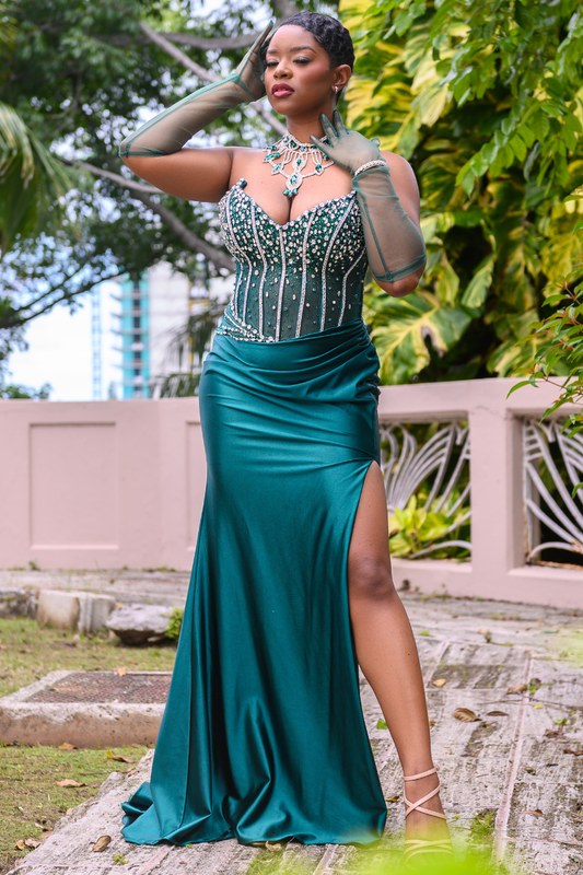 Sheer Rhinestone Bodice Satin Formal