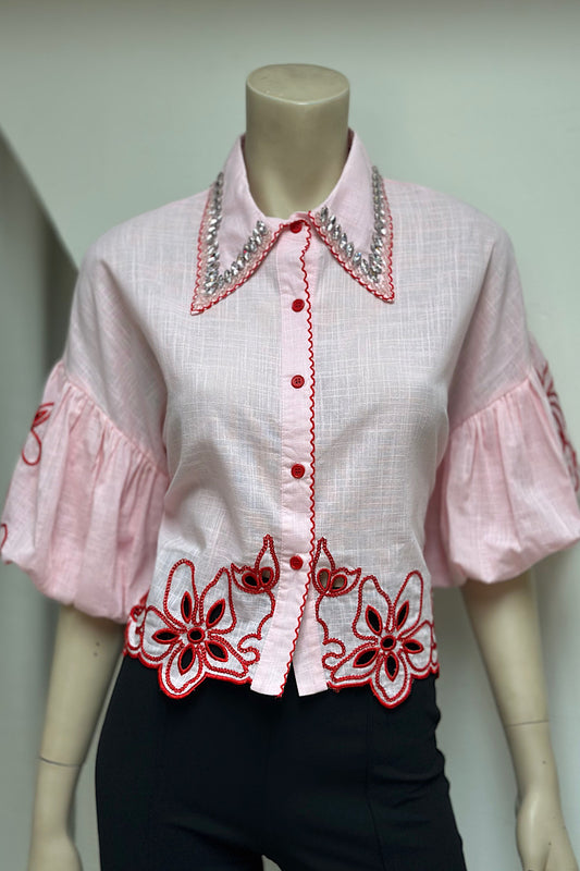 Beaded Collar Embroidered Top