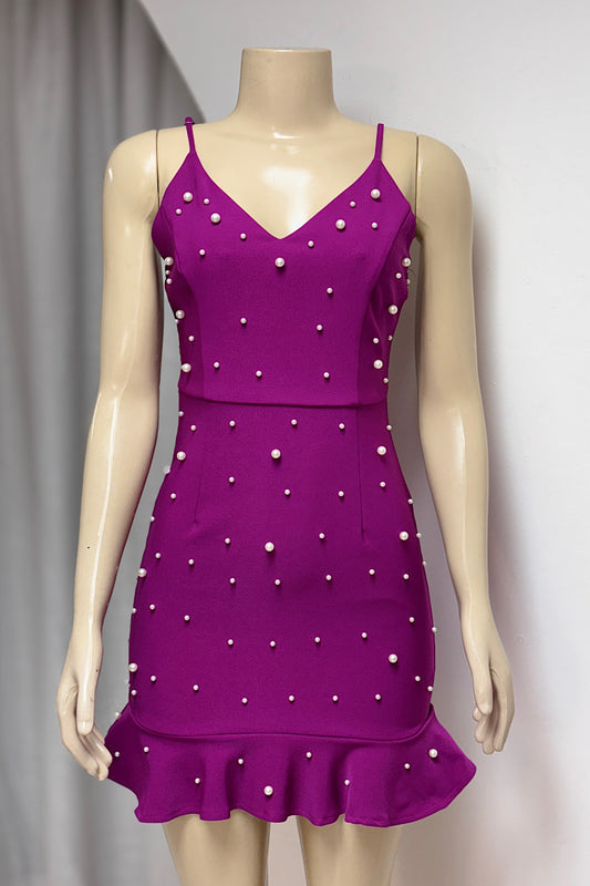 Pearl Studded V-Neck Mini Dress