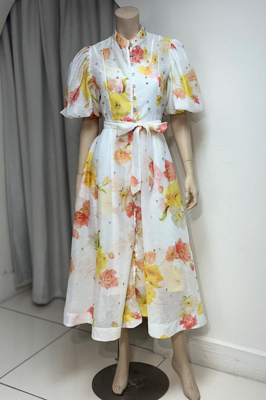 Puff Sleeve Rhinestone Studded Belted Dress