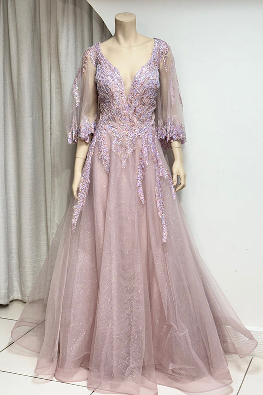 V-Neck Beaded Long Sleeve Formal