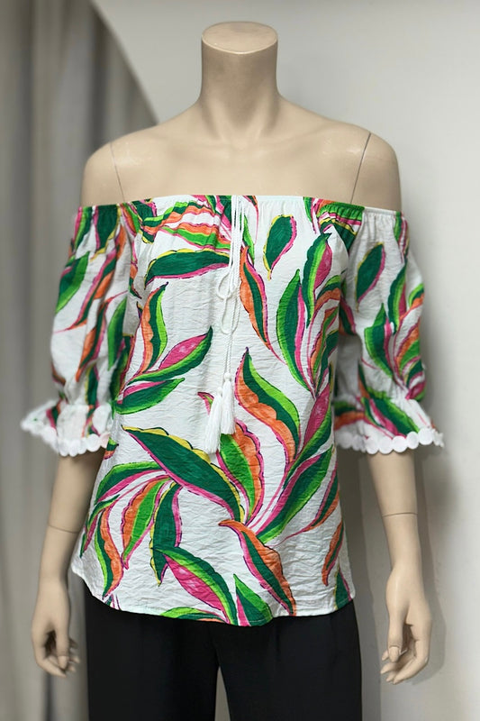 Off-Shoulder Rope Tie Tropical Top
