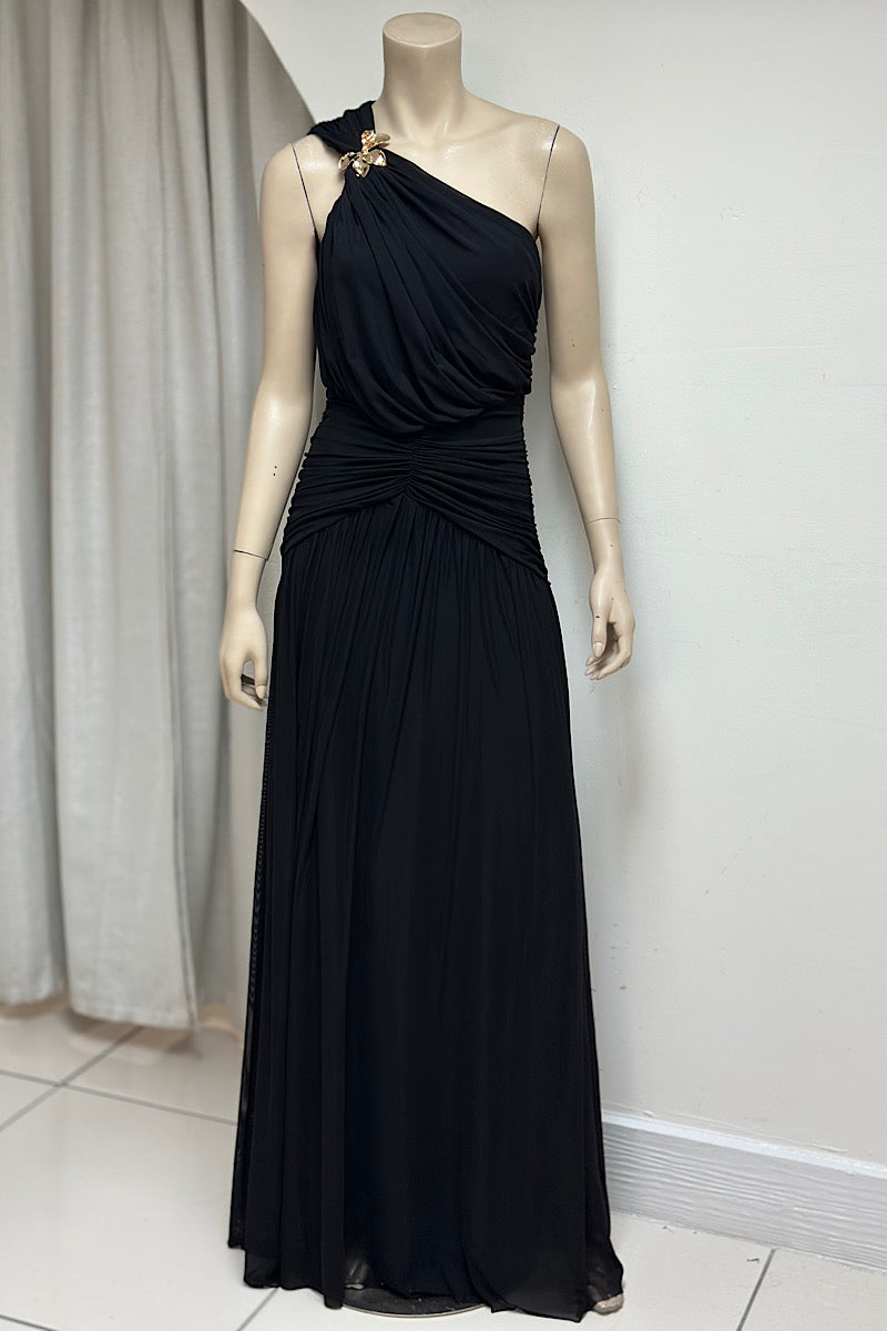 One-Shoulder Gold Flower Ruched Maxi