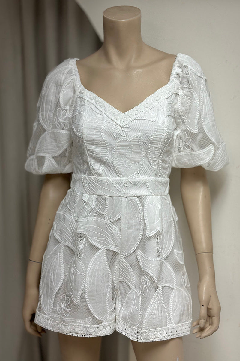 Embroidered Puff Sleeve Romper