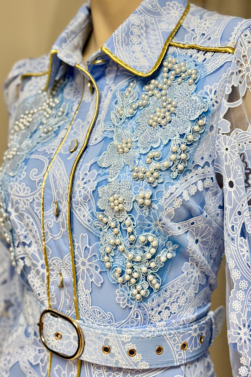 Beaded Pearl Embellished Belted Midi Dress