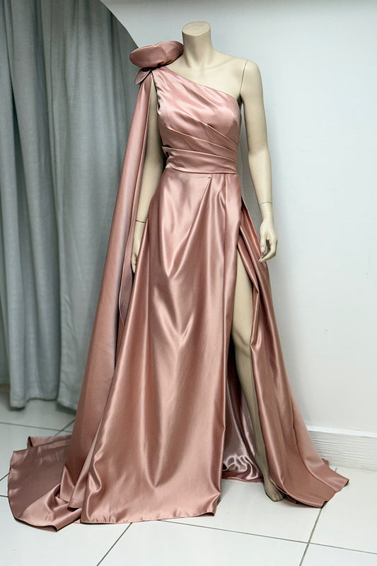 One-Shoulder Rosette Cape Sleeve Satin Formal