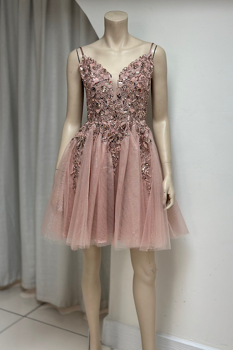 Embroidered Sequin Tulle Mini Formal