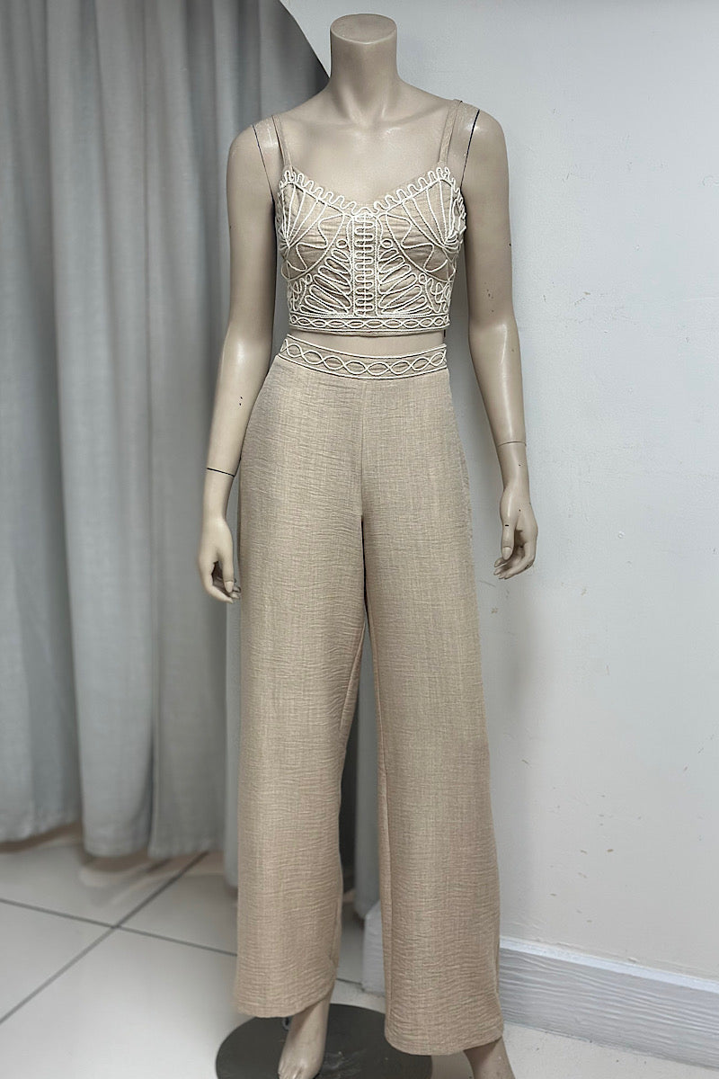 Embroidered Bralette Flowy Pant Set