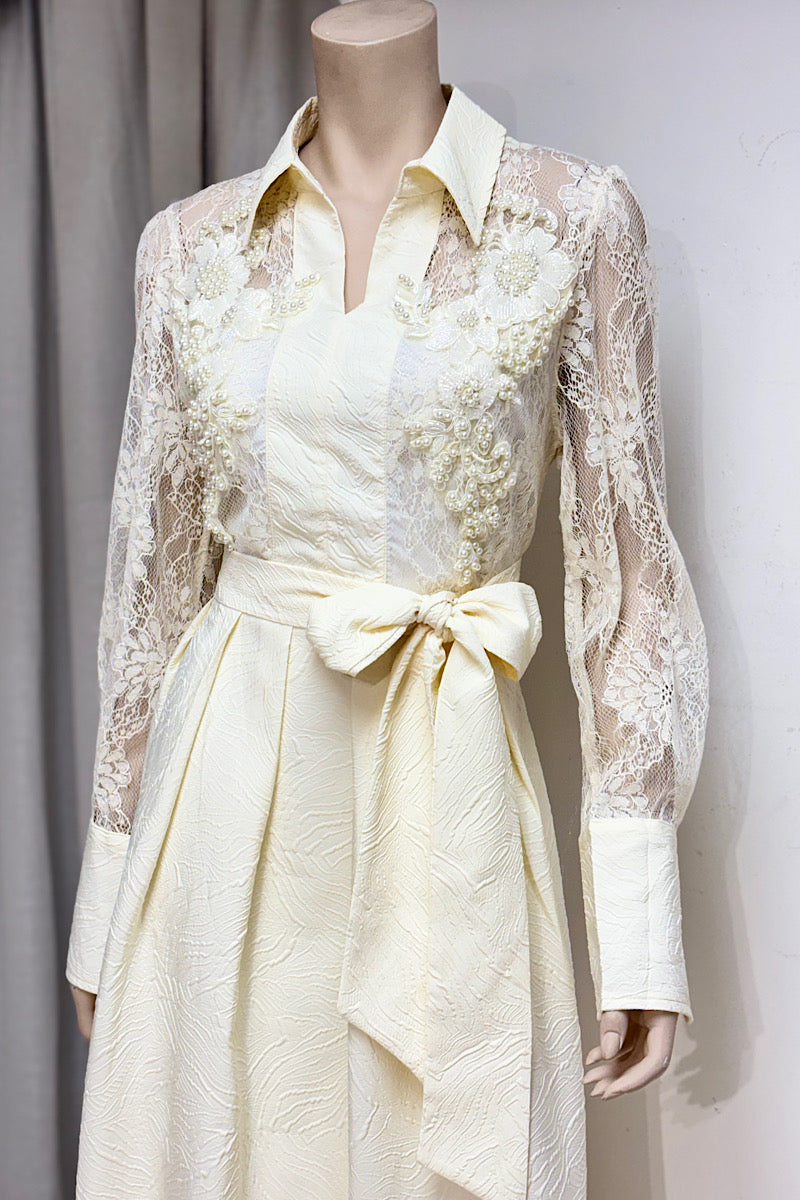Lace Beaded Pearl Embellished Belted Midi Dress
