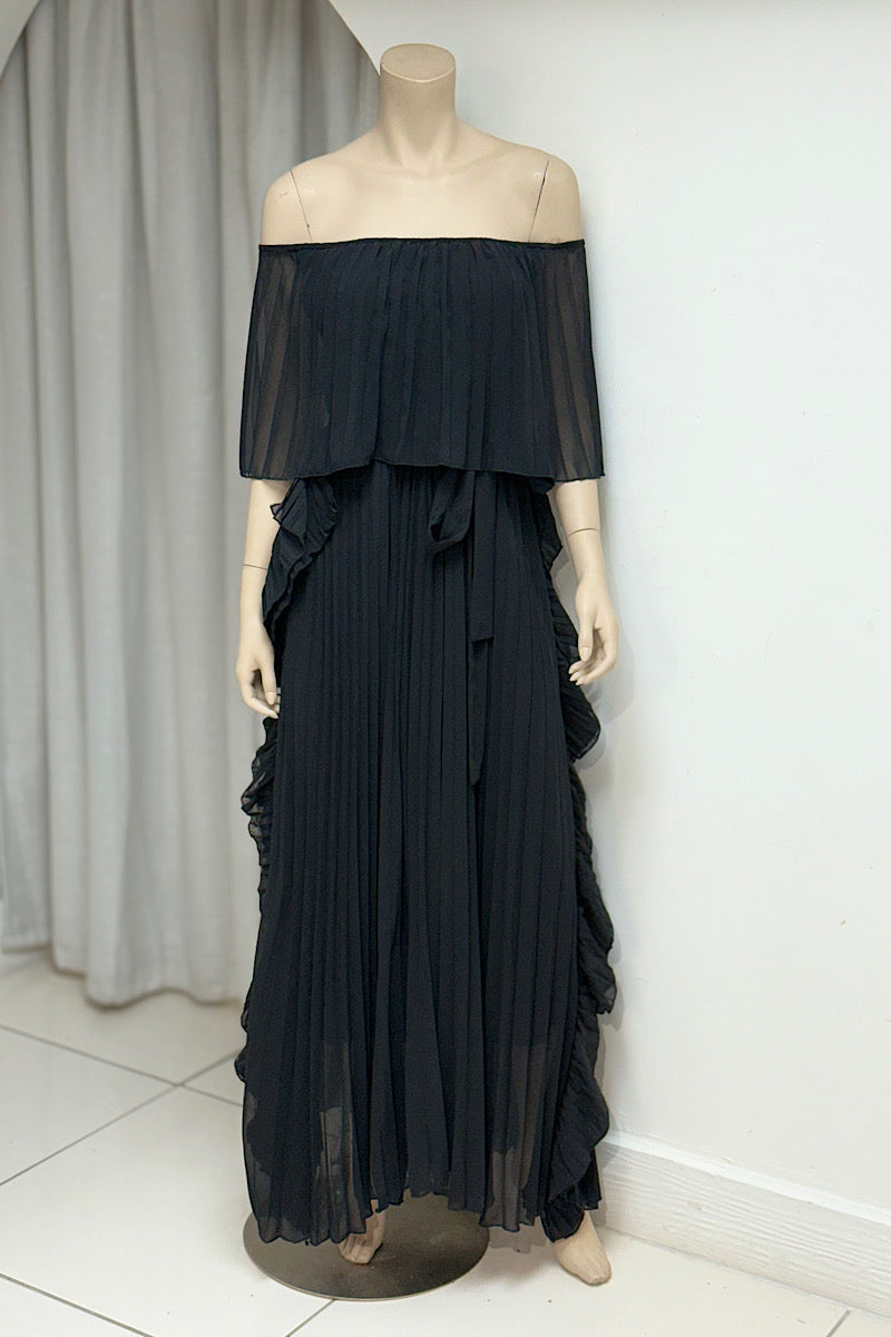 Pleated Off-Shoulder Flowy Midi Dress