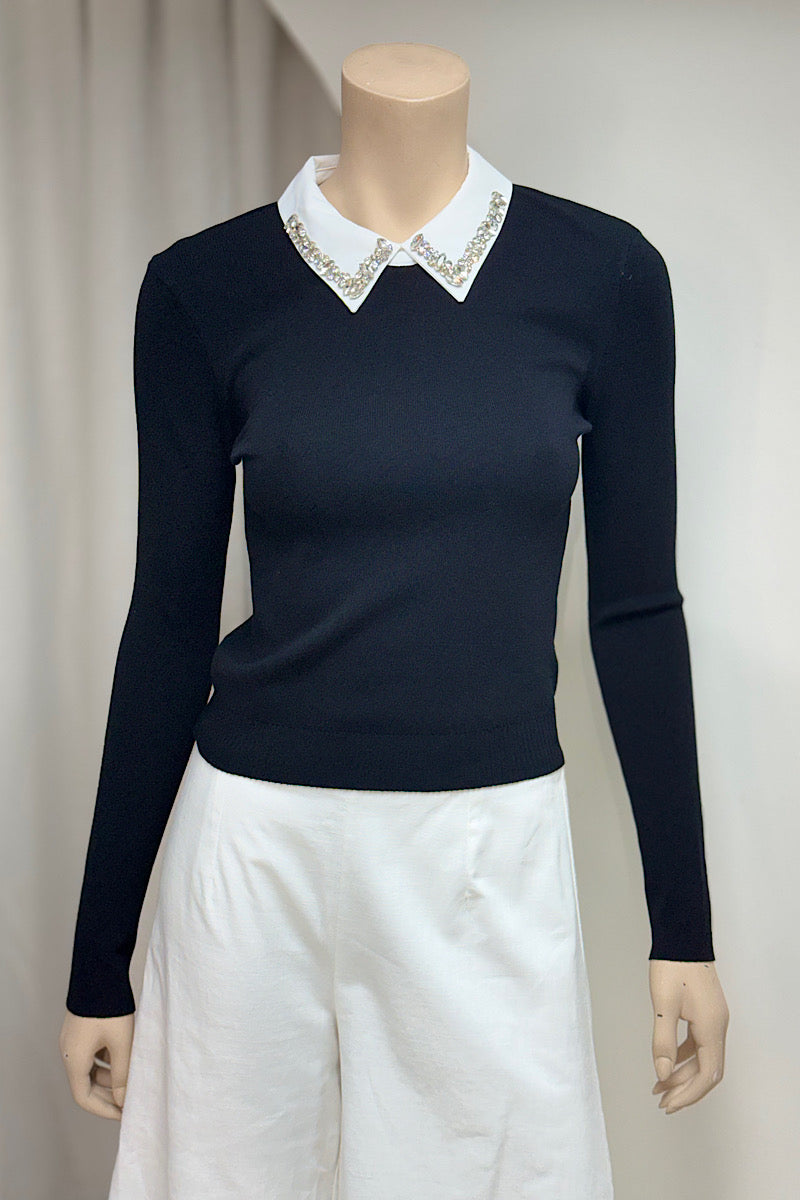 Rhinestone Collar Long Sleeve Sweater Top
