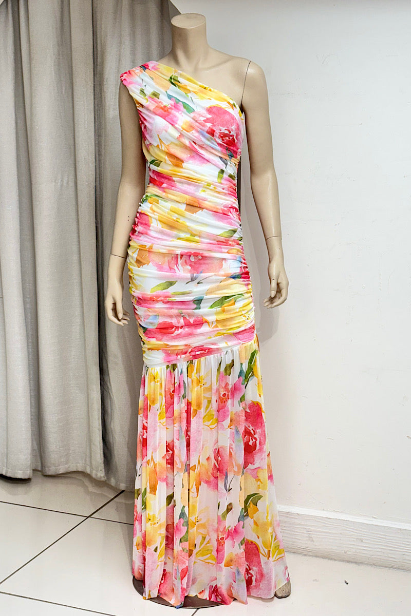 One Shoulder Mesh Maxi Dress