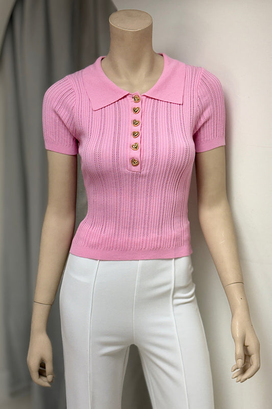 Woven Collared Heart Button Top