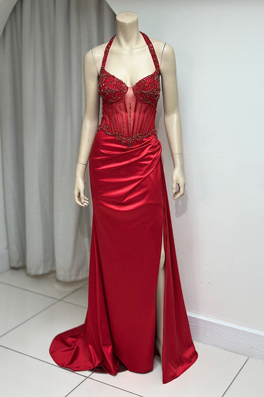 Halter High Split Beaded Corset Formal