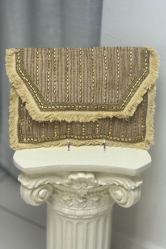 Beaded Frill Fold-Over Fabric Clutch