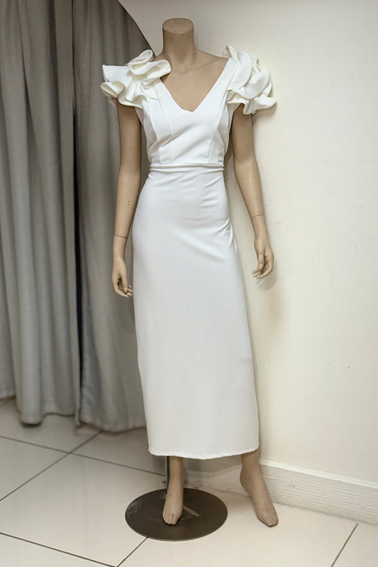 Ruffle Shoulder V-Neck Midi Dress