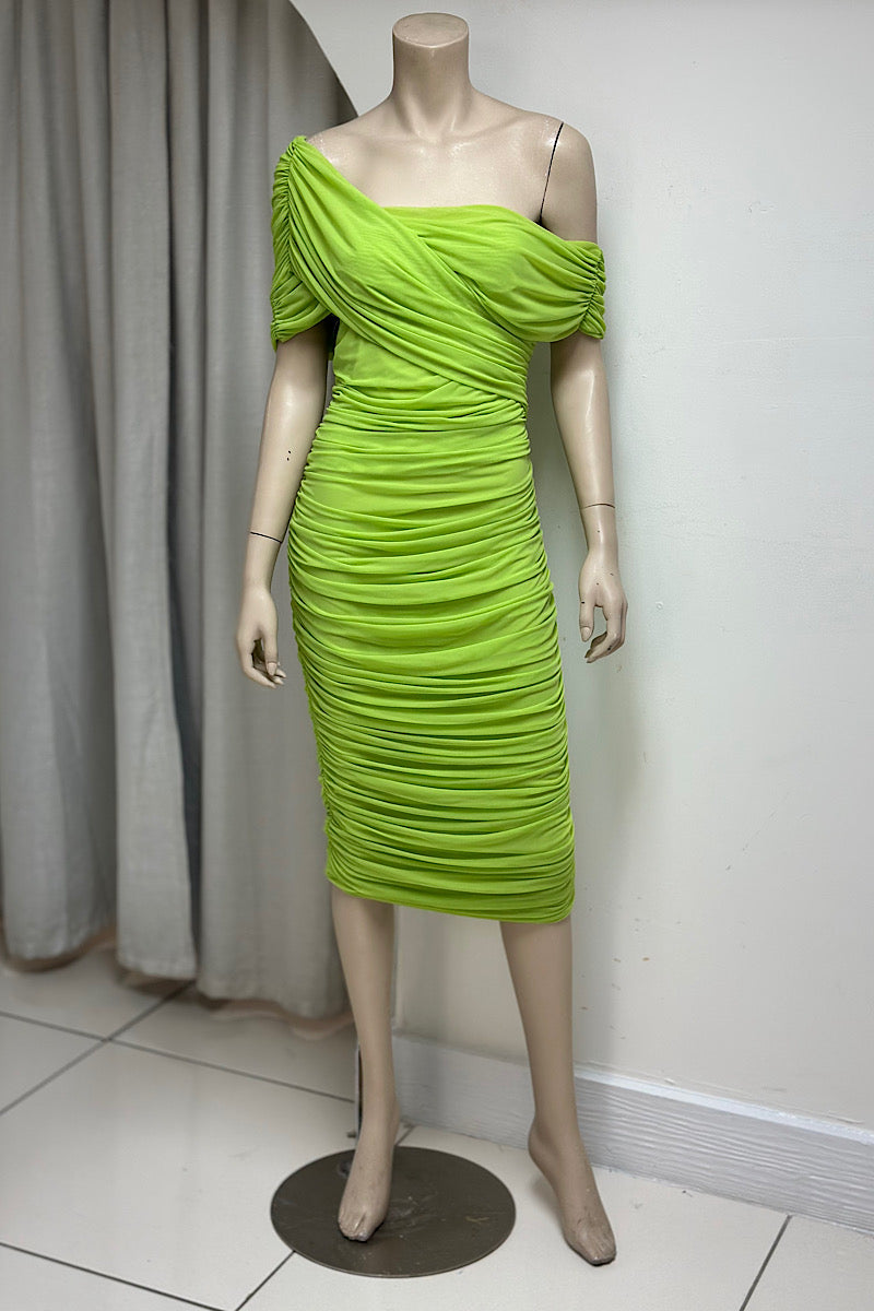 Off One-Shoulder Ruched Sash Dress