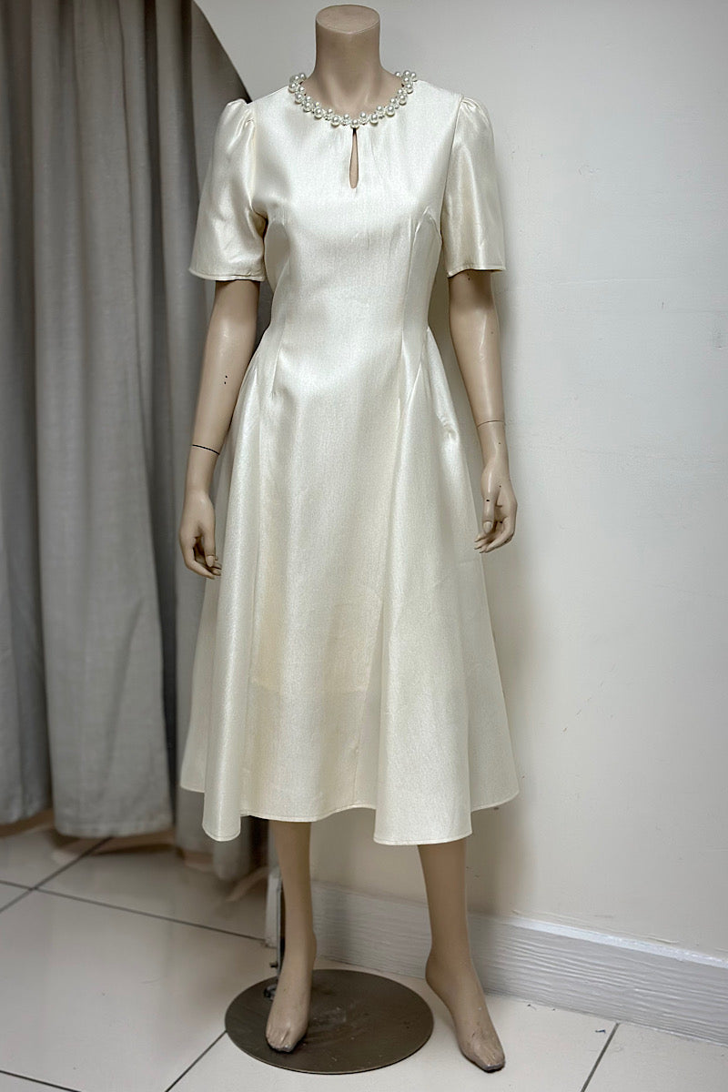 Pearl Neckline Shimmer Midi Dress