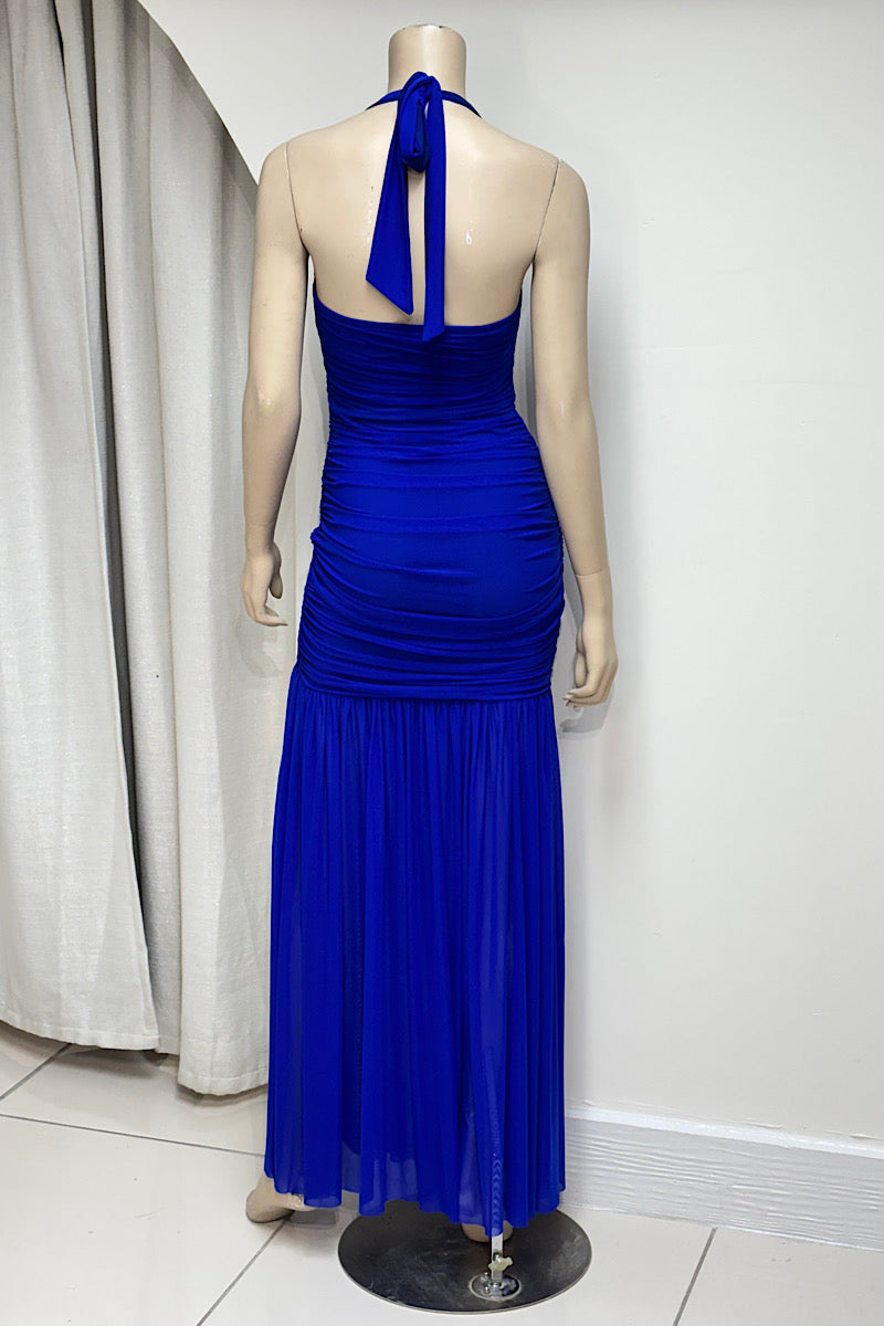Tie-Neck Halter Fitted Ruched Maxi