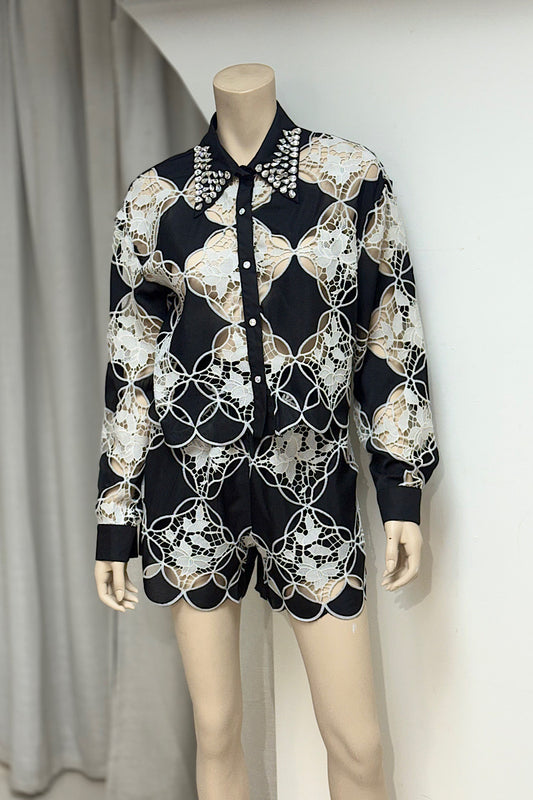 Embellished Collar Lace Short Pant Set
