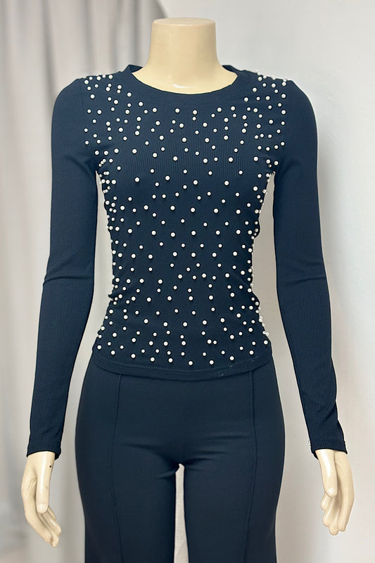 Black Long Sleeve Top w/ Pearls