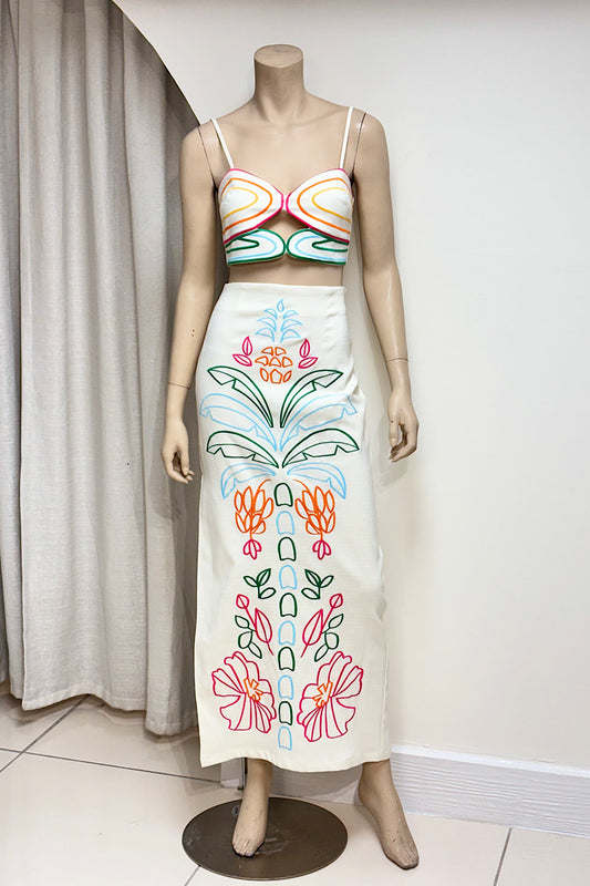 Embroidered Multicolored Bralette Skirt Set
