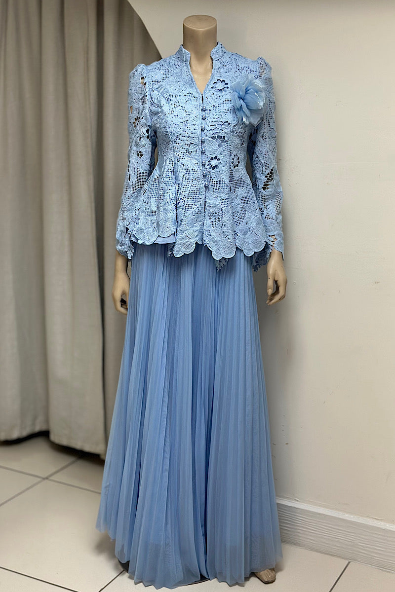 Lace Top Pleated Mid Skirt Set