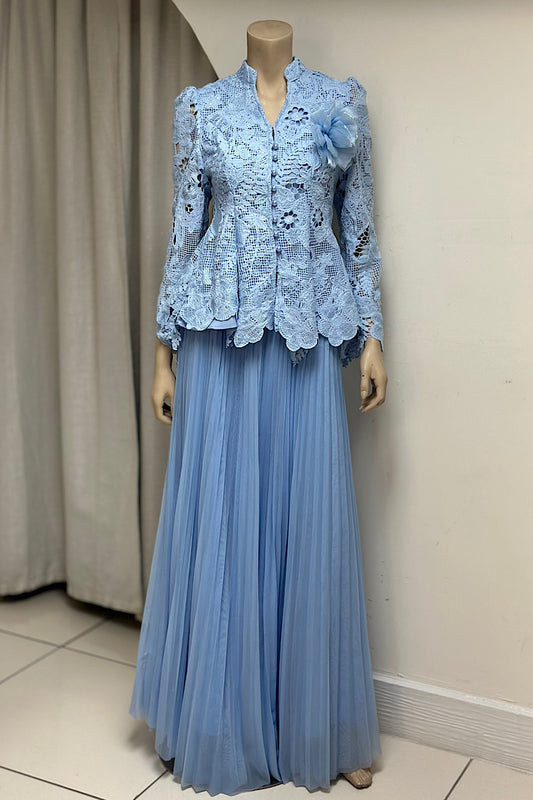 Lace Top Pleated Mid Skirt Set