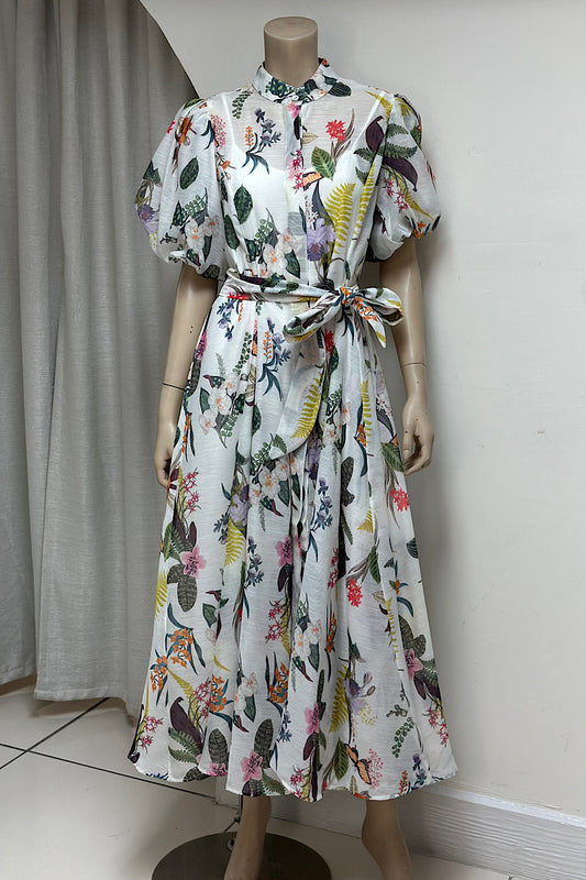 Floral Illustrated Puff Sleeve Midi Dress