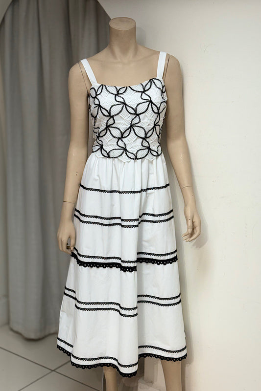 Lace Overlay Striped Flare Midi Dress