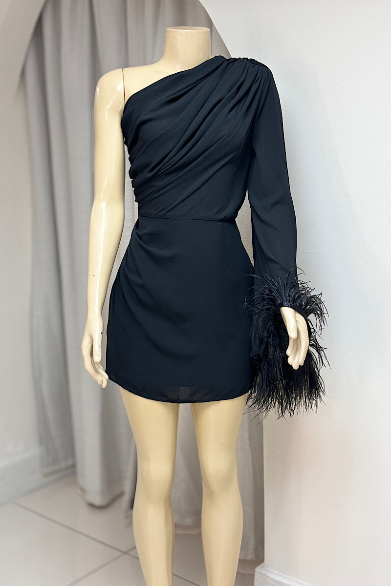 Black One Shoulder Fur Detail Dress