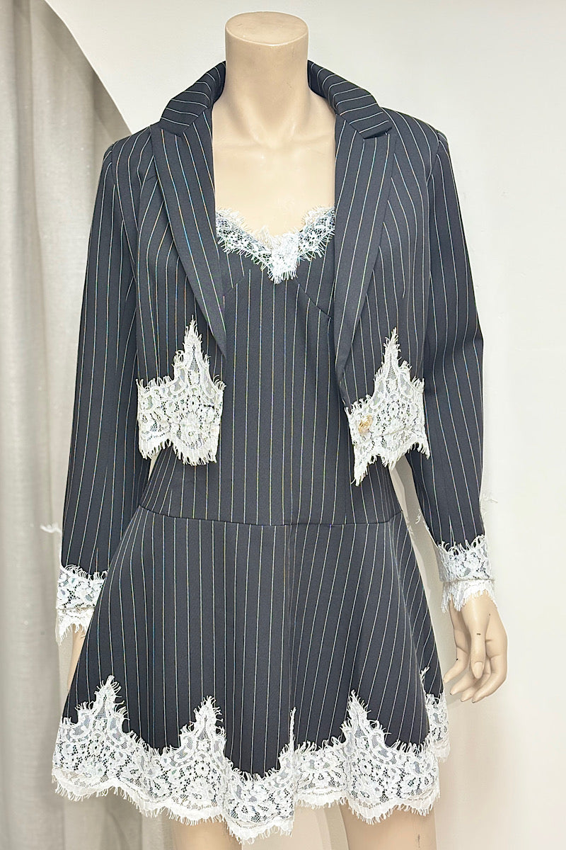 Pin Stripe Baby Doll Dress And Crop Blazer