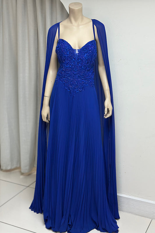 Beaded Cape Sleeve Pleated Formal Dress