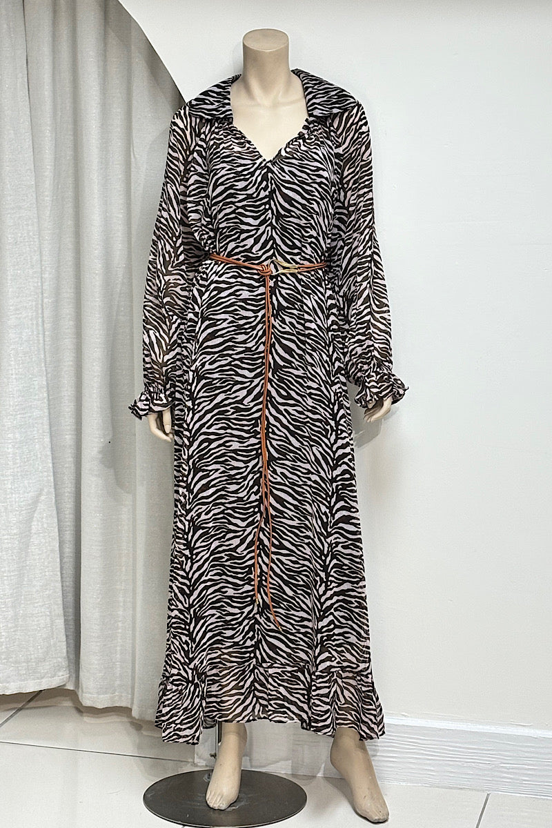 Zebra Print Collared V-Neck Flowy Dress
