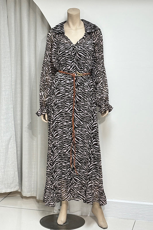Zebra Print Collared V-Neck Flowy Dress