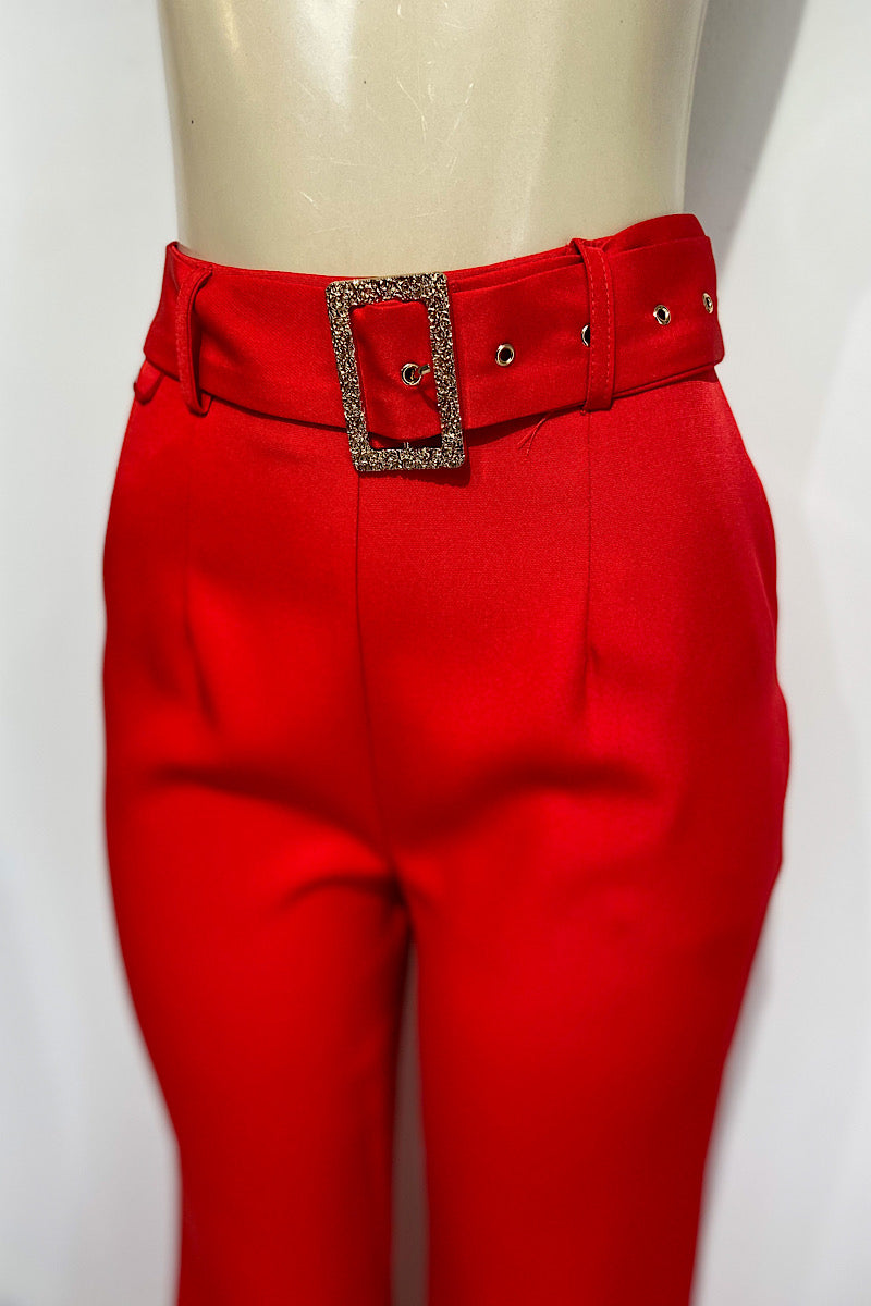 Red Wide Leg Pants w/ Buckle