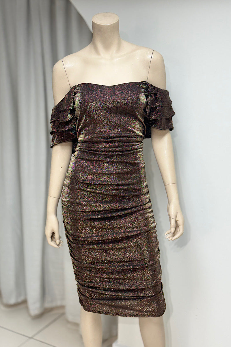 Off-Shoulder Ruched Shimmer Dress