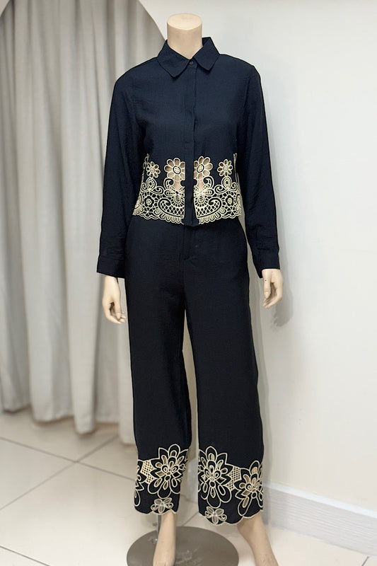 Floral Embroidered Crop Pant Set