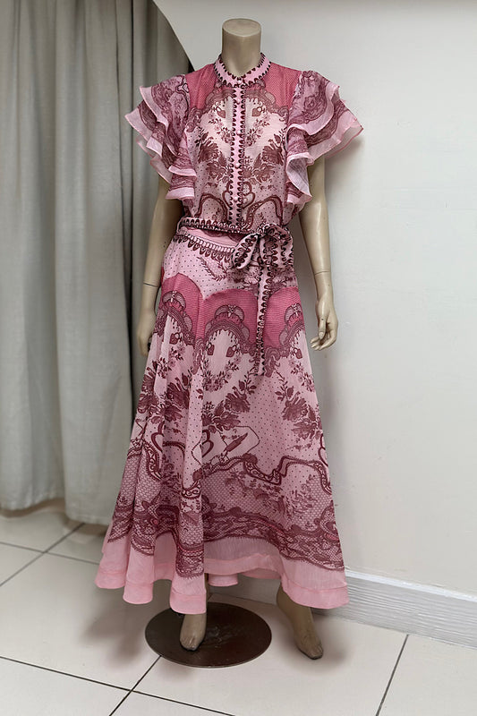 Ruffle Sleeve Patterned Skirt Set