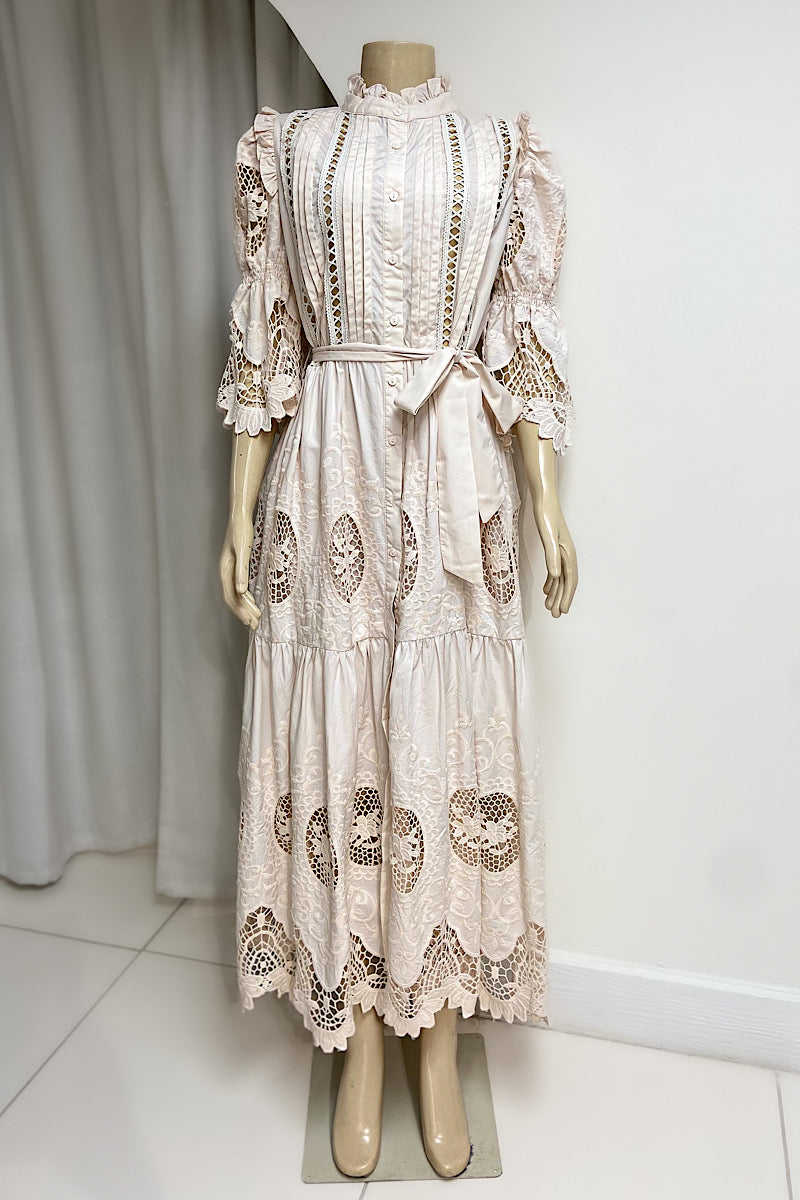 Beige Pleated Lace Dress