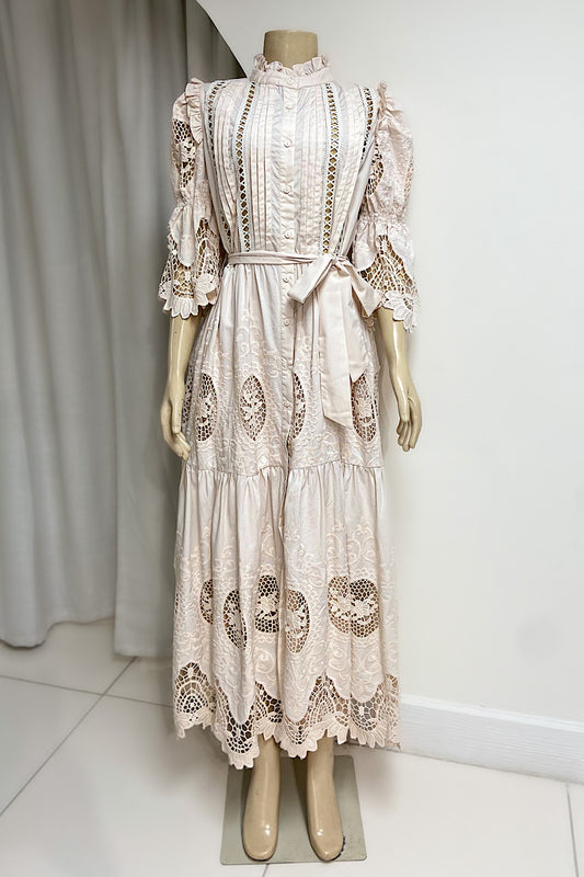 Beige Pleated Lace Dress